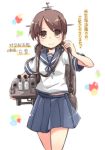  1girl brown_eyes brown_hair cannon kantai_collection personification pleated_skirt school_uniform serafuku shirayuki_(kantai_collection) skirt solo translated turret twintails viva!! 