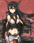  1girl bare_shoulders black_hair blush breasts elbow_gloves fingerless_gloves gloves hair_ornament hairband headgear kantai_collection long_hair looking_at_viewer nagato_(kantai_collection) personification red_eyes skirt solo standing thighhighs umasanjin 