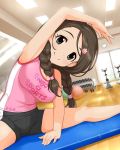  1girl akanishi_erika artist_request braid breasts brown_hair cleavage clothes_writing english flower green_eyes gym gym_uniform hair_flower hair_ornament idolmaster idolmaster_cinderella_girls jpeg_artifacts large_breasts looking_at_viewer official_art shorts smile stretch twin_braids 