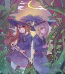  2girls bottle brown_hair clouds crescent_moon gingya hair_over_one_eye hat holding holding_bottle holding_wand kagari_atsuko light_brown_hair little_witch_academia long_hair looking_at_viewer moon multiple_girls night night_sky outdoors plant potion red_eyes school_uniform shiny_rod sky smile standing sucy_manbavaran wand witch_hat 