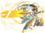  1girl :&lt; animal_ears bell blue_eyes brown_hair cat_ears energy_sword line_zeta long_hair mazingkaizer mecha_musume ponytail solo sword weapon white_background 