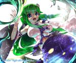  1girl blue_eyes breasts frog_hair_ornament green_hair hair_ornament kochiya_sanae large_breasts light_particles long_hair long_sleeves midriff navel open_mouth shirt skirt snake_hair_ornament solo touhou umigarasu_(kitsune1963) very_long_hair wide_sleeves 