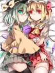  2girls absurdres ascot bed black_legwear blonde_hair crystal eyeball flandre_scarlet green_eyes green_hair hand_in_skirt hat hat_ribbon highres komeiji_koishi long_sleeves looking_at_viewer lying mob_cap multiple_girls on_back on_bed on_side outstretched_arms ponytail puffy_sleeves red_(girllove) red_eyes ribbon shirt short_hair short_sleeves side_ponytail sketch skirt skirt_set smile string thighhighs third_eye touhou vest white_legwear white_shirt wide_sleeves wings wrist_cuffs yuri zettai_ryouiki 