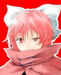  1girl bow bust cape hair_bow looking_at_viewer matsushiro_sasaka red_background red_eyes redhead sekibanki short_hair simple_background smirk solo touhou 