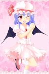  1girl ankle_ribbon bat_wings blue_hair blush brooch bubble fang frills hands_together hat hat_ribbon heart highres idatenmaru interlocked_fingers jewelry kneehighs lace_border looking_at_viewer mob_cap open_mouth pink_background puffy_short_sleeves puffy_sleeves red_eyes remilia_scarlet ribbon short_hair short_sleeves skirt skirt_set solo standing_on_one_leg touhou wings wink 