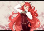  1girl ;d aki_(mare_desiderii) antennae bodysuit copyright_request green_eyes long_hair long_sleeves microphone open_mouth puffy_long_sleeves puffy_sleeves redhead smile solo very_long_hair wink 