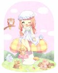  1girl barefoot bird blush child green_eyes hat highres long_hair mushroom orange_hair original owl pajamas rabbit sleepy solo squirrel twintails 