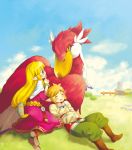  1boy 1girl blonde_hair blue_eyes blush bracelet jewelry link loftwing long_hair mitsubachi_koucha nintendo pointy_ears princess_zelda skyward_sword sleeping smile the_legend_of_zelda 