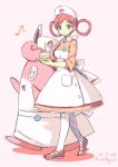  1girl apron blue_eyes blush cake candle dated food hair_ornament hairclip hat highres joy_(pokemon) long_hair musical_note north_abyssor nurse nurse_cap pink_hair poke_ball pokemon pokemon_(creature) pokemon_(game) pokemon_xy signature smile thigh-highs white_legwear wigglytuff 