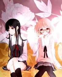  2girls black_hair brown_eyes crossed_legs_(sitting) glasses kuriyama_mirai kyoukai_no_kanata long_hair mouth_hold multiple_girls nase_mitsuki pantyhose pink_hair red-framed_glasses red_eyes school_uniform serafuku short_hair sitting sweater_vest tsukimori_usako 