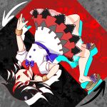  1girl akanbe arrow black_hair bracelet fang gimicalmas horns jewelry kijin_seija multicolored_hair red_eyes sandals tongue tongue_out touhou upside-down 
