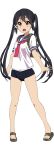  1girl black_hair blush brown_eyes cosplay hair_ribbon highres i-168_(kantai_collection) i-168_(kantai_collection)_(cosplay) k-on! kantai_collection long_hair looking_at_viewer nakano_azusa one-piece_swimsuit open_mouth ribbon sandals school_swimsuit school_uniform serafuku short_sleeves simple_background solo swimsuit swimsuit_under_clothes transparent_background twintails watanore 
