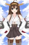  1girl ahoge bare_shoulders blue_sky brown_hair clouds detached_sleeves grey_eyes hairband hands_on_hips heart highres kantai_collection kongou_(kantai_collection) locked_arms long_hair nontraditional_miko open_mouth sky smile solo star thighhighs wide_sleeves 