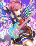  &gt;:d 1girl :d aikatsu! blush bow collar english fingerless_gloves fishnets gem gloves guitar hair_bow heart heirou instrument jewelry musical_note necklace open_mouth otoshiro_seira plectrum red_eyes redhead smile solo star 
