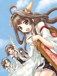  4girls bare_shoulders black_eyes black_hair blue_sky blush brown_hair chair clouds cup detached_sleeves double_bun glasses hair_ornament hairband hairclip haruna_(kantai_collection) headgear hiei_(kantai_collection) japanese_clothes kantai_collection kirishima_(kantai_collection) kongou_(kantai_collection) long_hair multiple_girls nontraditional_miko open_mouth personification plaid pudin short_hair sitting skirt sky smile table teacup tray yellow_eyes 