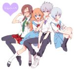  1boy 3girls ayanami_rei blue_eyes blue_hair brown_hair expressionless glasses grey_hair leaning_on_person long_hair makinami_mari_illustrious multiple_girls nagisa_kaworu necktie neon_genesis_evangelion orange_hair plico_(nicoma) rebuild_of_evangelion red_eyes school_uniform shikinami_asuka_langley short_hair smile souryuu_asuka_langley wink 