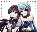  2girls akemi_homura armband belt black_hair blue_eyes blue_hair cape collarbone gloves grin hair_ornament hair_ribbon hairclip hand_on_shoulder long_hair magical_girl mahou_shoujo_madoka_magica mahou_shoujo_madoka_magica_movie miki_sayaka multiple_girls neko_nami83 ribbon short_hair smile soul_gem violet_eyes wink 