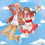  1boy 1girl artist_name bee_(bee_and_puppycat) bee_and_puppycat bee_the_human_girl bow brown_hair closed_eyes clouds dark_skin deckard dress hair_bow holding_hands interlocked_fingers jacket long_hair open_mouth puppycat radcoffee sky 