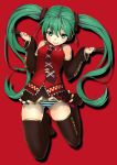  1girl detached_sleeves green_eyes green_hair hatsune_miku headphones highres juu. long_hair necktie panties pocky red_background skirt smile solo striped striped_panties thighhighs twintails underwear very_long_hair vocaloid 