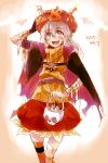  1girl bandages blush bubble_skirt candy cape fang halloween halloween_costume highres jack-o&#039;-lantern long_hair mononobe_no_futo silver_hair single_thighhigh six_(fnrptal1010) skull solo striped striped_legwear thighhighs touhou translation_request 