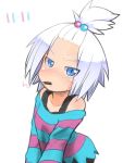  1girl blue_eyes blush dress fukurou_(owl222) hair_bobbles hair_ornament homika_(pokemon) pocky pokemon pokemon_(game) pokemon_bw2 short_dress short_hair simple_background solo striped striped_dress sweat topknot white_hair 