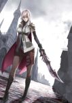  blue_eyes bombomb25 boots building elbow_gloves final_fantasy final_fantasy_xiii gloves highres lightning_farron long_hair looking_at_viewer pink_hair serious shorts sword weapon 