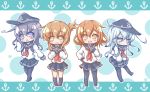  4girls akatsuki_(kantai_collection) anchor black_hair blue_eyes blue_hair brown_eyes brown_hair fang hair_ornament hairclip half_updo hat hibiki_(kantai_collection) ikazuchi_(kantai_collection) inazuma_(kantai_collection) kantai_collection looking_at_viewer multiple_girls neko_yume open_mouth pantyhose personification purple_hair thighhighs yellow_eyes 