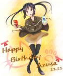  1girl black_hair blush box brown_eyes happy_birthday k-on! long_hair miro_(mmmyyyy) nakano_azusa open_mouth picky shawl solo thighhighs twintails 