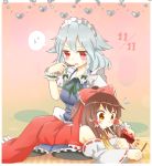 2girls bare_shoulders blush_stickers bow braid breasts brown_hair dated detached_sleeves facing_away flying_sweatdrops food_in_mouth gradient gradient_background hair_bow hair_tubes hakurei_reimu heart izayoi_sakuya looking_at_viewer looking_away lying lying_on_lap lying_on_person maid_headdress multiple_girls on_stomach open_mouth pantyhose pink_background pocky pocky_day ponytail red_eyes short_hair silver_hair sitting skirt skirt_set speech_bubble sweatdrop tanikake_yoku touhou twin_braids wariza wrist_cuffs 
