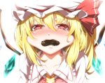  1girl ascot backlighting blonde_hair blush bust cheek_bulge collarbone dara3150 dress fangs flandre_scarlet hat hat_ribbon incoming_kiss looking_at_viewer mob_cap pocky pocky_day red_dress ribbon solo tears touhou wings 