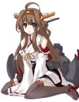  1girl ahoge black_eyes brown_hair detached_sleeves kantai_collection kongou_(kantai_collection) long_hair simple_background sitting solo thighhighs v_arms very_long_hair wariza white_background yu-ves 