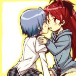  2girls antenna_hair blue_eyes blue_hair blush bow cutoffs hair_bow hand_on_another&#039;s_shoulder highres hoodie juliet_sleeves kneeling long_sleeves mahou_shoujo_madoka_magica miki_sayaka multiple_girls plaid plaid_skirt pocky pocky_kiss ponytail puffy_sleeves red_eyes redhead sakura_kyouko school_uniform shared_food short_hair skirt yuri 