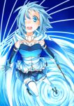  1girl armband belt blood blue_blood blue_eyes blue_hair cape collarbone gloves magical_girl mahou_shoujo_madoka_magica midriff miki_sayaka open_mouth short_hair solo soudayu soul_gem sword thighhighs weapon zettai_ryouiki 