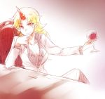  1girl alcohol blonde_hair breasts chin_rest cleavage cup formal horn hoshiguma_yuugi long_hair pointy_ears red_eyes six_(fnrptal1010) smile solo star suit touhou wine wine_glass 