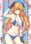  1girl aqua_eyes atago_(kantai_collection) bikini black_gloves blonde_hair breasts gloves hand_on_thigh hat kantai_collection long_hair personification salute smile solo swimsuit wings wink zonana 