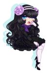  1girl black_hair blue_eyes crossed_legs crossed_legs_(sitting) curly_hair doubutsu_no_mori furiru_(doubutsu_no_mori) gothic_lolita high_heels horns humanization lolita_fashion long_hair missybird muffy_(animal_crossing) open_mouth scarf signature silhouette sitting solo tagme transparent_background watermark web_address wink yawning 