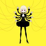 1girl blonde_hair boots extra_arms high_heels ken_(koala) monster_girl original pinky_out red_eyes red_string short_hair simple_background smile solo string yellow_background 