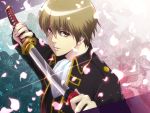  1boy brown_eyes brown_hair gintama katana okita_sougo petals shiroyasha solo sword uniform weapon 