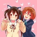  2girls :&gt; animal_ears black_hair blush brown_eyes brown_hair cat_ears closed_eyes dated hair_ornament hairclip hato_haru heart hirasawa_yui k-on! long_hair long_sleeves multiple_girls nakano_azusa open_mouth pink_background red_eyes school_uniform short_hair simple_background smile twintails 