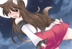  1girl animal_ears ass bare_shoulders blush brooch brown_eyes brown_hair commentary_request dress fang full_moon hammer_(sunset_beach) imaizumi_kagerou jewelry long_hair long_sleeves looking_at_viewer looking_back moon night night_sky open_mouth red_eyes skirt sky solo tail touhou wide_sleeves wolf_ears wolf_tail 