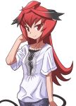  1girl ahoge casual demon_girl demon_horns demon_tail horns maou_beluzel matsuda_yuusuke original pants red_eyes redhead short_sleeves small_breasts smile solo tail teenage white_background younger yuusha_to_maou 
