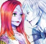  1boy 1girl green_eyes jack_skellington lavender_skin lipstick looking_at_another makeup pale_skin profile red_lipstick redhead sally_(nbc) scar the_nightmare_before_christmas white_hair yokotn 