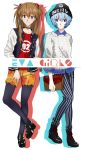  2girls ayanami_rei bag beanie blue_eyes blue_hair choker fashion handbag hat jacket letterman_jacket long_hair multiple_girls neon_genesis_evangelion orange_hair pantyhose red_eyes ryuukin short_hair shorts souryuu_asuka_langley sweater vertical_stripes 