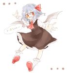 1girl ascot bat_wings black_dress blue_hair blush cosplay dress fang hair_ribbon is_that_so long_sleeves maru_usagi open_mouth outstretched_arms red_eyes remilia_scarlet ribbon rumia rumia_(cosplay) shirt simple_background smile solo touhou translated uu~ white_background wings 