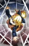  1girl blonde_hair bow from_above hair_bow hashiro highres kurodani_yamame long_sleeves looking_up outstretched_arms outstretched_hand ponytail red_eyes short_hair smile solo spider_web touhou 