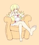  1girl barefoot blonde_hair blush_stickers bracelet crossed_legs dress feet jewelry long_hair monogatari_(series) oshino_shinobu ribbon sitting smile solo suginyan yellow_eyes 