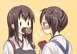  2girls akagi_(kantai_collection) blush brown_eyes brown_hair japanese_clothes kaga_(kantai_collection) kantai_collection long_hair mouthful multiple_girls muneate otabe_sakura personification pocky short_hair side_ponytail 