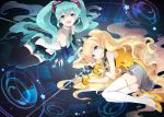  2girls aqua_eyes aqua_hair bacu blonde_hair blue_eyes boots bridal_gauntlets earrings hatsune_miku jewelry long_hair lying microphone microphone_stand multiple_girls nail_polish necktie on_side open_mouth seeu skirt thigh_boots thighhighs twintails very_long_hair vocaloid 