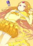  1girl boots brooch bubble_skirt circlet cure_muse_(yellow) dodory dress fairy_tone frills hanarito heart jewelry knee_boots long_hair lying magical_girl orange_hair pink_eyes precure shirabe_ako suite_precure yellow_background yellow_dress 