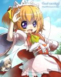  3girls :&lt; apron ascot black_hair blonde_hair blue_sky bow clouds dress hair_bow hat juliet_sleeves long_sleeves luna_child maid_headdress multiple_girls obi official_art puffy_sleeves red_dress red_eyes sash shirt sky smile star_(sky) sunny_milk touhou twintails umigarasu_(kitsune1963) violet_eyes waist_apron wide_sleeves yellow_eyes 